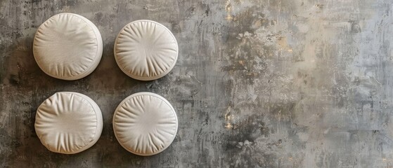 Obraz premium Colorful cushions and dried spices on a textured minimal background. Flat lay composition for home decor and design. Interior and comfort concept. Top down aerial view of home accessory design. AIG55.