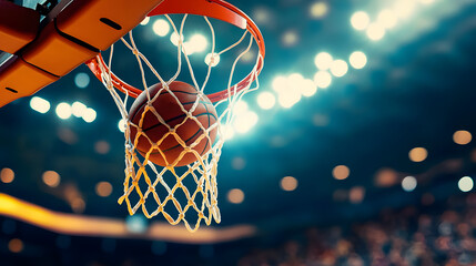 Close-up of a basketball scoring through hoop during a game in a brightly lit indoor arena with blurred audience in the background