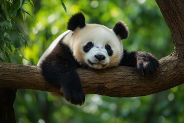 Obraz premium Sleepy panda resting on a tree branch in a lush green habitat during daylight hours