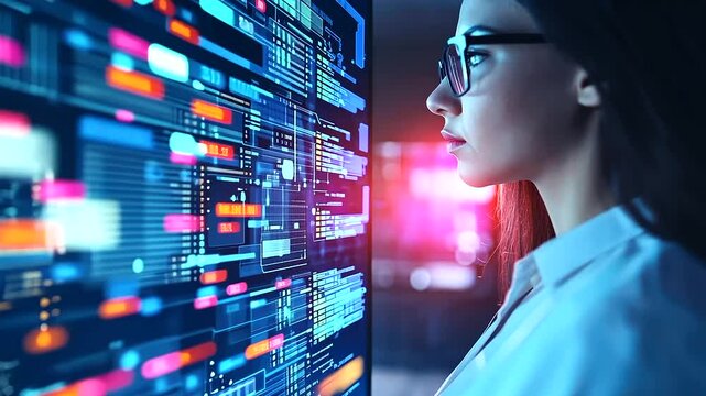 A data analyst leverages AI technology to extract insights from big data in a modern office setting.