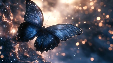 Enchanting Blue Butterfly with Luminous Wings Surrounded by Magical Glowing Light and Sparkling Particles
