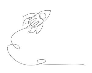 Rocket space ship outline drawing illustration. one continuous line drawing of rocket launch.