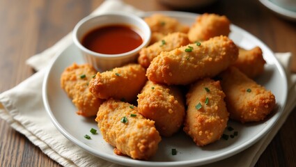 Crispy Fried Chicken Tenders with Herbs and Spicy Dipping Sauce &ndash; Mouthwatering Food Stock Image for Blogs and Marketing