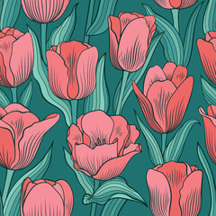Seamless pattern of pink tulips with teal leaves, illustrated in a vibrant, repeating floral design on a teal background.