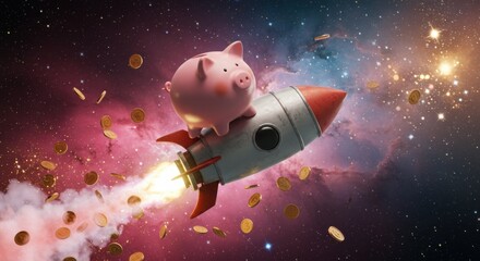 A whimsical digital illustration depicts a pink piggy bank riding a retro-style rocket through a cosmic backdrop filled with golden coins