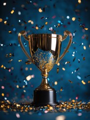 Golden trophy cup with falling confetti against a dark blue background celebrating success and achievement in a festive atmosphere