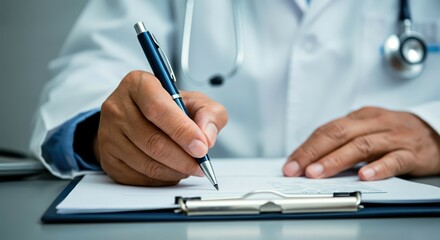 Close-Up of Doctor Writing Prescription on Medical Form