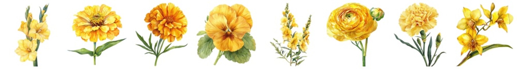 Beautiful Collection of Yellow Floral Illustrations Including Marigolds, Daffodils, and Ranunculus for Digital Design Projects