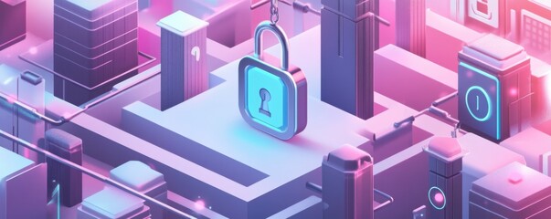 A futuristic cityscape with glowing locks and digital elements, symbolizing cybersecurity and data protection in a vibrant, tech-driven environment.
