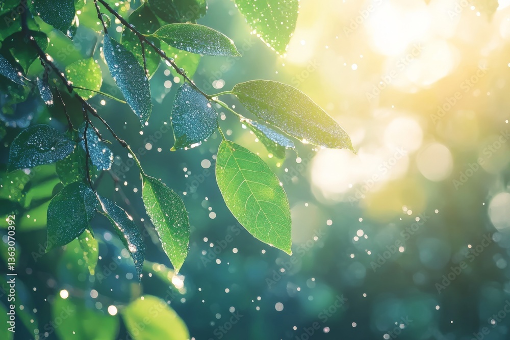 Poster dew-kissed leaves glistening in sunlight create a refreshing atmosphere in a serene forest setting