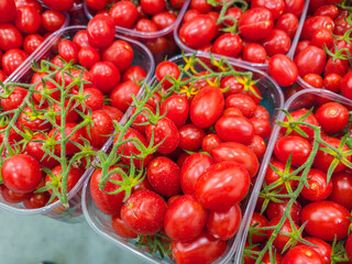 Red ripe cherry tomatoes in the plastic boxes closeup on the farm market stall. Food background.