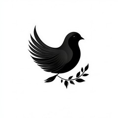 Stylized black bird resting on a leafy branch rendered in a minimalist yet elegant design against a white background