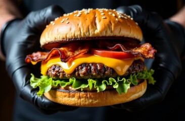 Close-up of hands in black gloves holding beef burger with cheese, fried bacon, fresh vegetables on wooden board, French fries nearby. Unhealthy food