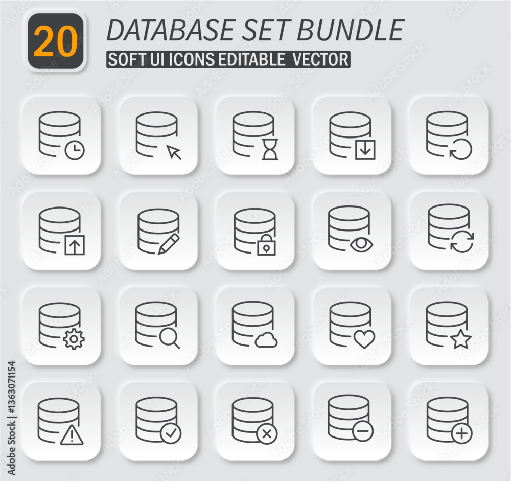 Poster Database Management Icons Set Collection with Soft UI Style, Editable Vector