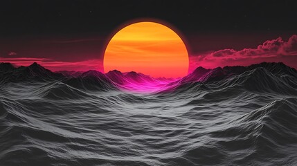 Futuristic Neon Sunset Over Dark Mountains with Vibrant Colors and Dramatic Sky