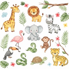 Naklejka premium A suitable title for this image on Adobe Stock could be:Cute Watercolor Safari Animals Clipart - Hand-Painted Jungle Wildlife Illustrations