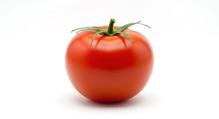 Close up of a single red tomato with green stem against white background, food, organic, fresh, green, healthy, fruit, background