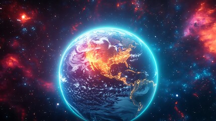 Glowing Futuristic Earth with Neon City Lights and Cosmic Galaxy Background in High Resolution