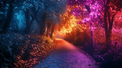 Magical Forest Pathway Illuminated with Glowing Neon Lights in a Stunning Enchanted Dreamlike Ambiance
