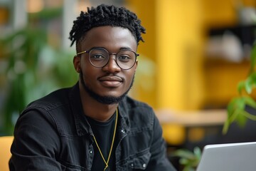 a portrait of a young man with glasses sitting and working. The man has a calm expression and is looking directly at the viewer, a natural, authentic moment captured