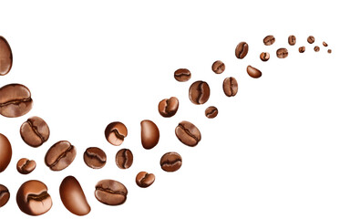 Coffee beans decoration element. Curve from flying realistic coffee beans. Coffee grains wave on white background. Roasted grains, brazilian arabica seeds, morning drink