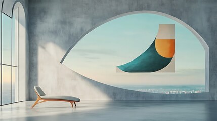 Serene Minimalist Interior: 3D Render of a Modern Lounge with Abstract Artwork and City View AI Generated