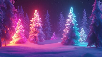 Magical Neon Winter Wonderland with Glowing Trees and Sparkling Snow Under a Starry Night