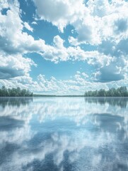 Serene lake reflecting a vibrant blue sky filled with fluffy white clouds creating a tranquil and peaceful atmosphere with lush green trees