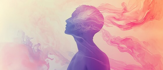 Abstract silhouette with colorful swirling patterns in pastel hues