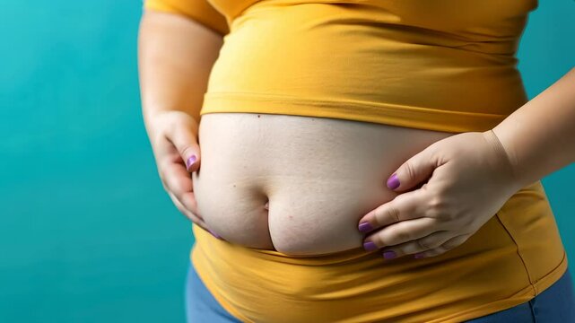 woman holds her belly with her hands, fat girl, plus size model, diet, weight loss, excess weight, skin folds, body, beauty, curvy, big, sports, fitness, obese