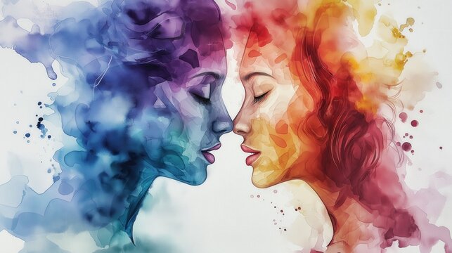 Abstract watercolor profiles in vibrant blue and red contrast