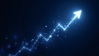 Abstract digital background with a glowing arrow pointing upwards, symbolizing growth and progress. Use a dark blue background with bright, thin lines and dots connecting to the arrow