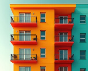Naklejka premium Vibrant apartment building with colorful balconies under clear sky