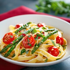 Fresh Fettuccine Pasta Dish with Cherry Tomatoes, Asparagus, and Herbs Plated on a White Bowl Surrounded by Garnishes and Colorful Background