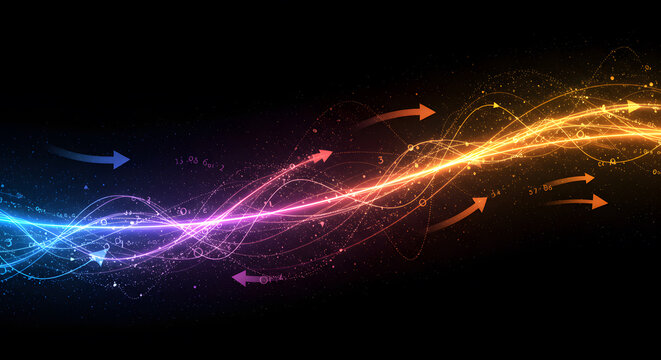 Dynamic Energy Flow: a mesmerizing display of vibrant energy streaks in a swirling pattern, with an array of dynamic directional arrows dancing through this cosmic visual.