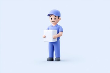 Delivering a package.  Cheerful delivery person holds a white box