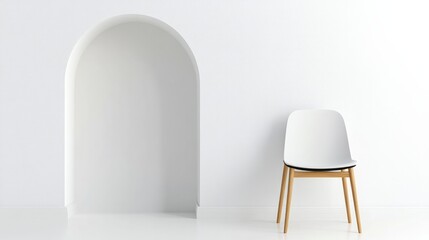 Simple white chair stands next to an arched wall opening