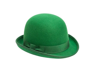 Green bowler hat with ribbon isolated on white background.