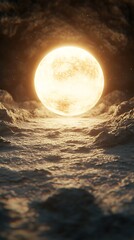 Mysterious Glowing Sun Sphere on Rocky Terrain with Dramatic Light and Shadow Effects