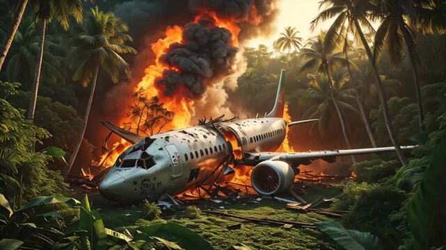 Crashed burning passenger plane in tropical forest
