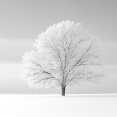 Minimalist Winter Tree in Snowy Landscape with Frosted Branches and Serene Monochrome Tones
