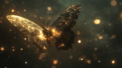 Mystical Glowing Butterfly with Shimmering Golden Wings in a Magical Dreamlike Atmosphere