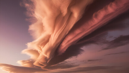 Obraz premium A dramatic sky filled with fluffy clouds during golden hour. The warm hues of orange, pink, and purple blend seamlessly, creating a soft, gradient texture perfect for backgrounds.