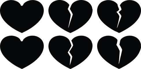 From Intact to Broken: A set of six black heart shapes representing different stages of a relationship, with some whole and others fractured. A poignant symbol of love, loss.