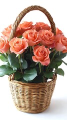 Peach Roses in Wicker Basket.