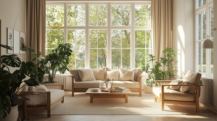 Bright modern living room with large windows, beige sofas, and wooden furniture