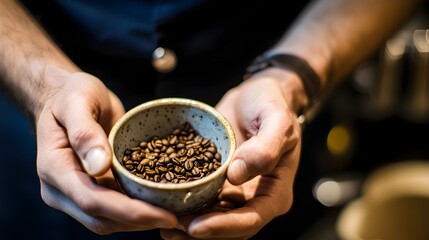 Artisan Coffee Beans: A close-up captures a barista's hands cradling a small bowl of freshly roasted coffee beans, highlighting the craftsmanship and aroma