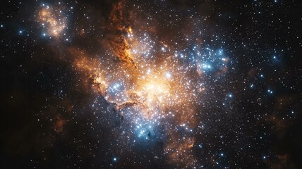 Fototapeta premium Photorealistic image of a dense star cluster with stars of various colors, glowing in deep space 