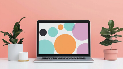 Laptop with colorful screen sits on a desk, with two small potted plants nearby