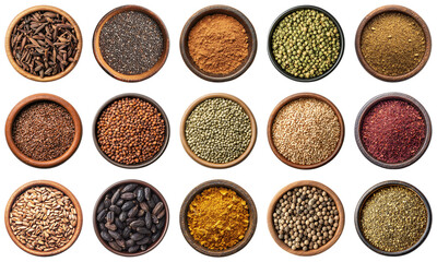 Variety of Spices and Herbs in Wooden Bowls on White Background for Culinary and Food Photography, Ideal for Cooking Recipes and Gourmet Dishes. Piquant food set.